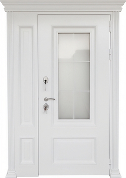 Входная белая термодверь с боковой вставкой, стеклом, карнизом и металлобагетом (полимерная покраска и МДФ RAL) Входная белая термодверь с боковой вставкой, стеклом, карнизом и металлобагетом (полимерная покраска и МДФ RAL)