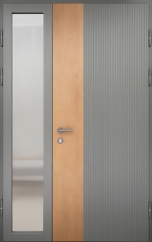 Полуторная стальная термодверь со стеклом сбоку и комбинированной отделкой МДФ серого цвета