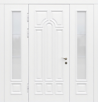 Металлическая уличная термодверь с боковыми остекленными вставками и панелями МДФ белого цвета с багетом
