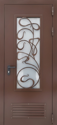 Стальная коричневая дверь для котельной с большим стеклом, вентиляцией и решеткой