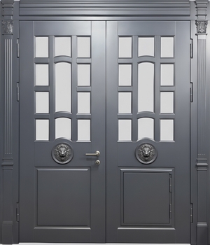 Двустворчатая парадная термодверь с остеклением, декором «лев» и панелями МДФ графит Двустворчатая парадная термодверь с остеклением, декором «лев» и панелями МДФ графит